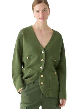 J.crew Long V Neck Sweater Blazer Utility Green Gold Buttons 2024 Size L